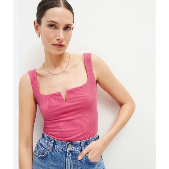 Reformation Ribbed Tank Top Womens Medium Pink Split V Neck Casual - Picture 1 of 9